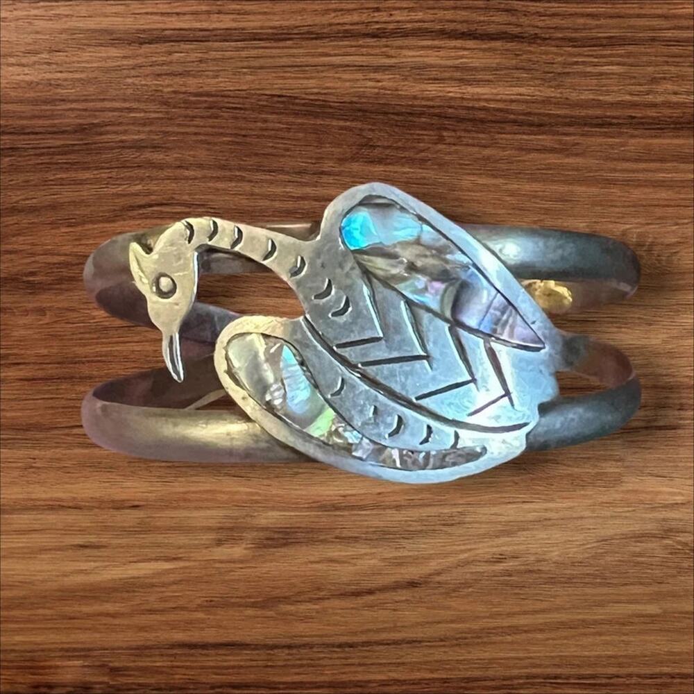 Vintage Silver Tone Abalone Bird Open Cuff Bracelet 6.5”